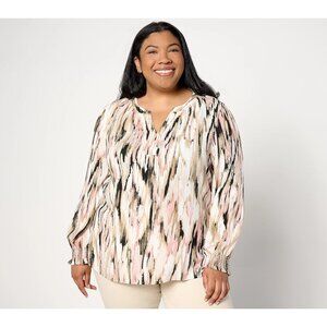 Belle By Kim Graver Beige Flame Game Abstract Split Neck Blouse Top Plus Size 5X